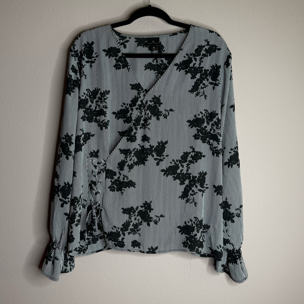 Worthington Striped Floral Blouse - Black and White